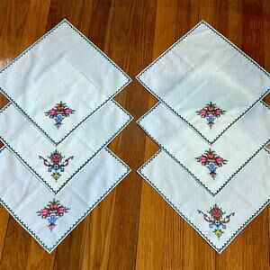 Vintage Linen Napkins – 10” Square with Cross-Stitch Floral Design set of 6